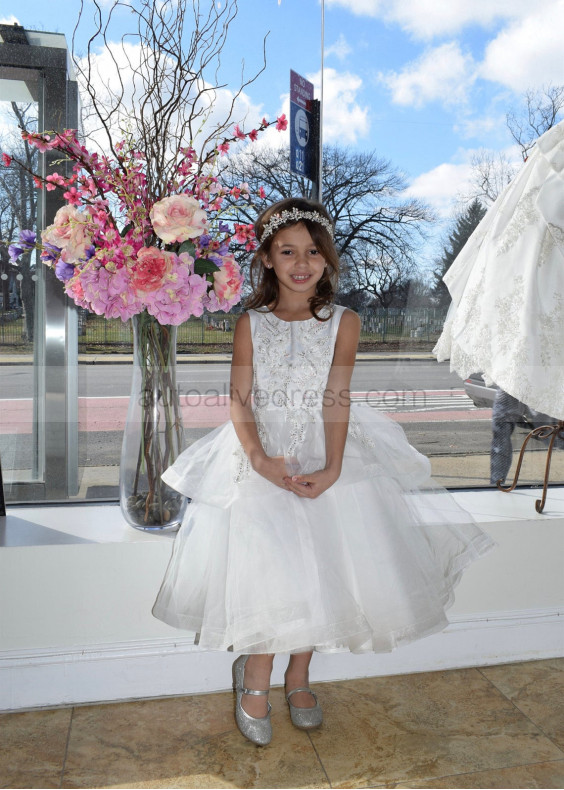 Beaded White 3D Flowers Tulle Tiered Flower Girl Dress